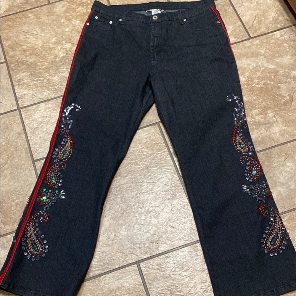 Denim 24/7 Black Wide Leg Jeans with Vibrant Embellishments Fall Denim